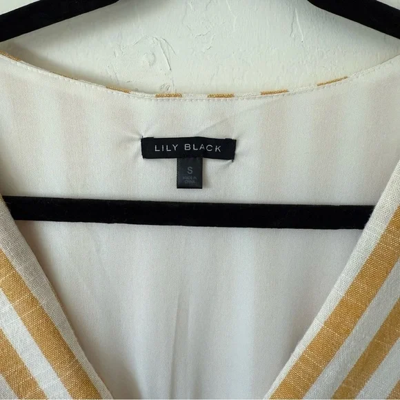 Lily Black Yellow White Striped Button Down Lined Linen Blend Midi Dress Small - Picture 5 of 11